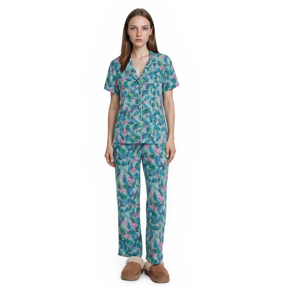 Lilly Pulitzer Pajama Set Women's Size Large Aqua Tropical Palm Print Knit